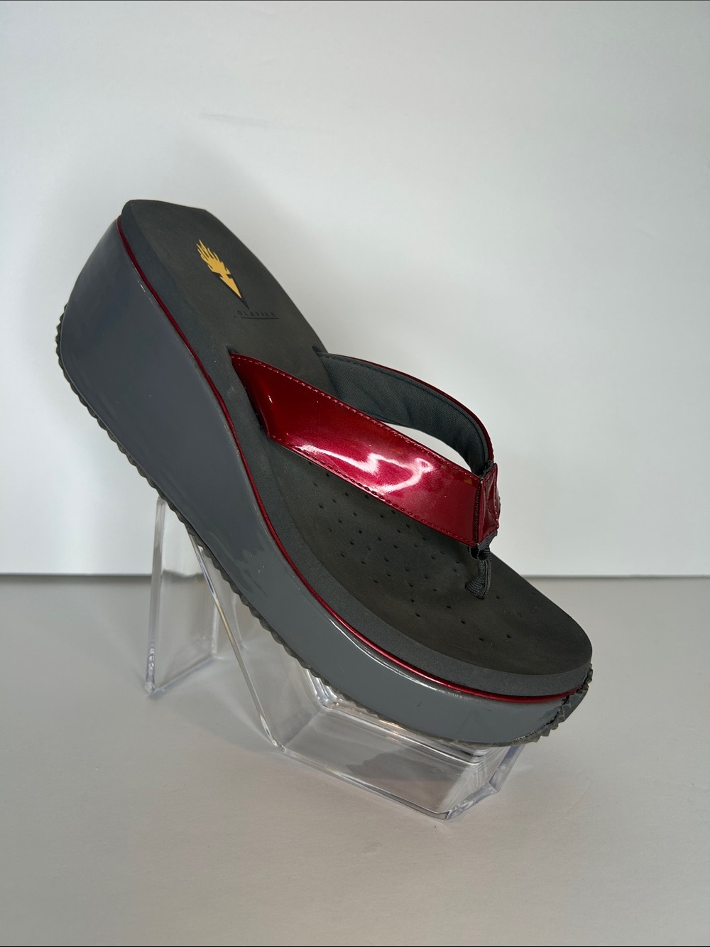Volatile Metallic Red and Gray Wedge Flip-Flop